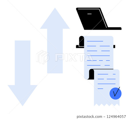 A computer with a printed receipt featuring a checkmark next to up and down arrows. Ideal for business, financial tracking, data management, accounting, and digital transactions. Simple vector style A computer with a printed receipt featuring a checkmark next to up and down arrows. Ideal for business, financial tracking, data management, accounting, and digital transactions. Simple vector style 124964057