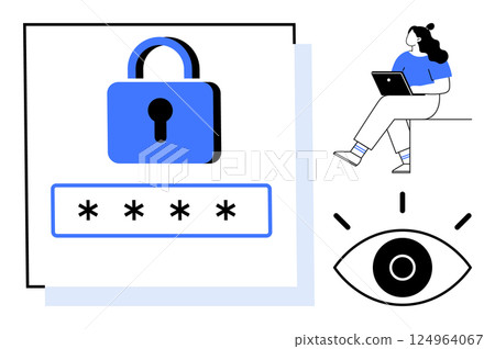 Secure lock and password area, eye symbol representing surveillance, woman on laptop. Ideal for cybersecurity, privacy, data protection, online safety, user authentication, internet security, tech Secure lock and password area, eye symbol representing surveillance, woman on laptop. Ideal for cybersecurity, privacy, data protection, online safety, user authentication, internet security, tech 124964067