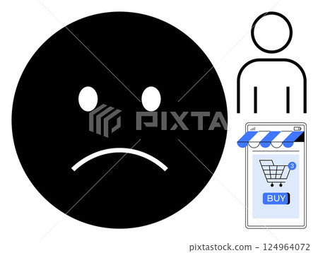 Black sad face, stick figure, and online shopping cart with a blue buy button. Ideal for emotional responses, customer service, e-commerce challenges, user experience, digital shopping. Simple 124964072