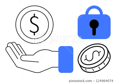 Hand holding a coin, a secure blue lock, and another coin with dollar symbol. Ideal for finance security, banking, savings protection, investment strategies, business growth. Flat modern style 124964074