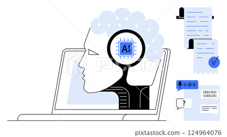 Laptop with a human face side profile featuring AI, binary code, speech recognition icons and documents. Ideal for AI, technology, innovation, digital transformation, machine learning, data analysis 124964076