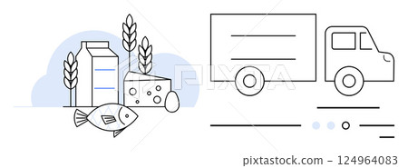 Food items thumbs up milk, fish, cheese, and produce prepared for transportation by a truck. Ideal for logistics, supply chain, food industry, delivery services, agriculture, retail, and market. Line 124964083