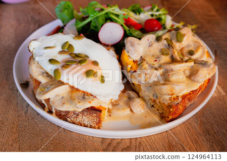 A Delicious Open Sandwich served with a Salad and a Fried Egg for you A Delicious Open Sandwich served with a Salad and a Fried Egg for you 124964113