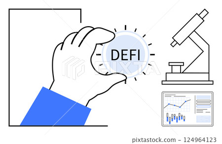 Hand holding a DEFI coin, microscope beside, analytic growth chart displaying statistics. Ideal for finance, cryptocurrency, technology, analytics, research, investments, digital transformation. Line 124964123