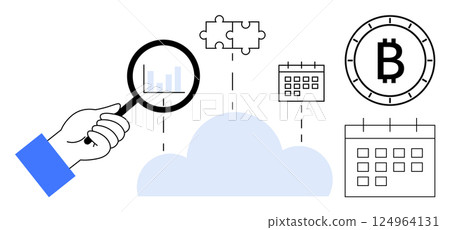 Hand holding magnifying glass over cloud with bar chart, puzzle pieces, three calendars, and Bitcoin coin. Ideal for financial analysis, cryptocurrency, cloud technology, scheduling, problem-solving Hand holding magnifying glass over cloud with bar chart, puzzle pieces, three calendars, and Bitcoin coin. Ideal for financial analysis, cryptocurrency, cloud technology, scheduling, problem-solving 124964131
