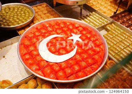 Traditional Turkish Dessert Baklava Tray Featuring turkey flag  124964150