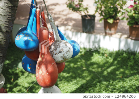 pumpkin hanging on a tree with green leaf in an organic greenhouse farm pumpkin hanging on a tree with green leaf in an organic greenhouse farm 124964206
