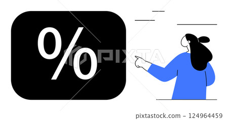 A woman in a blue shirt points towards a large black percentage symbol with motion lines. Ideal for financial education, promotional materials, discounts and offers, economics presentations and sales 124964459