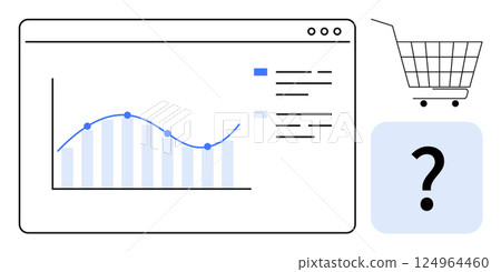A simple, modern vector style dashboard with a graph, menu list, and shopping cart icon alongside a question mark. Ideal for data analysis, e-commerce, user interface design, online shopping A simple, modern vector style dashboard with a graph, menu list, and shopping cart icon alongside a question mark. Ideal for data analysis, e-commerce, user interface design, online shopping 124964460