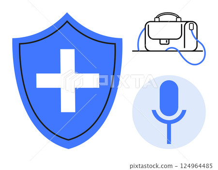 Large blue shield with a white cross, a briefcase with a wire, and a blue microphone. Ideal for healthcare, security, business, communication, technology, media, and education themes. Line metaphor 124964485
