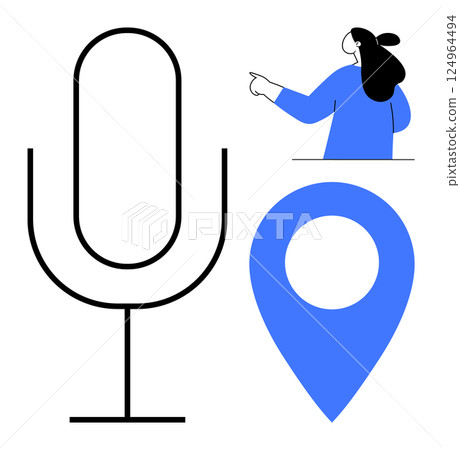 Large microphone icon, person pointing, and location pin. Ideal for voice interface, navigation, communication, smart technology, digital assistance. Clean simple modern style 124964494