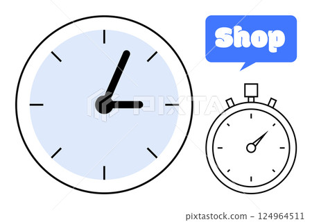 Simple black and white icons of an analog clock and a stopwatch. A blue speech bubble with the word Shop implies retail or shopping themes 124964511