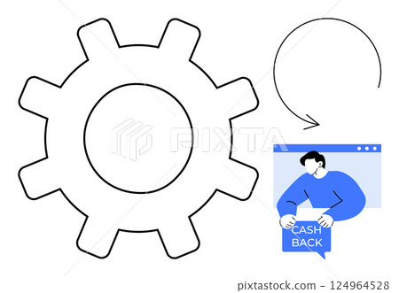 Large gear outlines left, user with the text Cash Back right, circular arrow above. Ideal for technology, finance, online shopping, user interface, and e-commerce themes. Blue and white palette 124964528