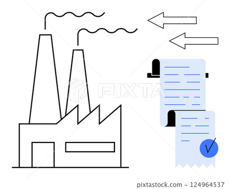 Industrial building with two chimneys emitting smoke, arrows indicating output, and a receipt with a blue check mark. Ideal for business, manufacturing, finance, production, and economy themes 124964537