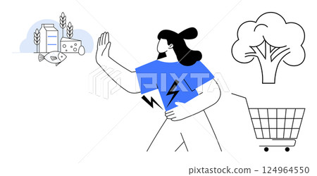 Woman rejecting groceries while moving towards tree and shopping cart with electricity symbol in hand. Ideal for environmental awareness, healthy lifestyle, conscious shopping, sustainability 124964550