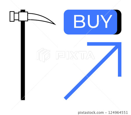 Black pickaxe next to large blue BUY button and upward blue arrow. Ideal for e-commerce, sales growth, investments, online shopping, digital marketing, tech tools, stock market trends. Line metaphor Black pickaxe next to large blue BUY button and upward blue arrow. Ideal for e-commerce, sales growth, investments, online shopping, digital marketing, tech tools, stock market trends. Line metaphor 124964551