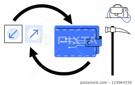 Blue digital wallet, crypto mining hammer, pickaxe, exchange arrows pointing both directions, and circuit icons. Ideal for finance, cryptocurrency, blockchain tech, digital transactions, fintech 124964556