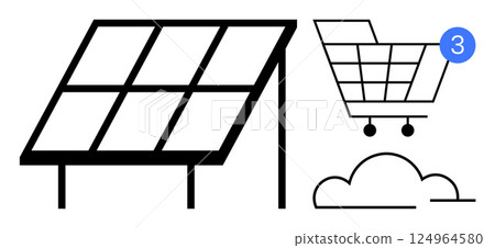 Solar panel harnessing energy, shopping cart with notification, cloud symbol. Ideal for renewable energy, e-commerce, online shopping, cloud storage, sustainability, technology integration 124964580