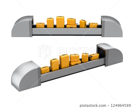 Set of Airport luggage conveyor belt or baggage claim area with suitcases on white background. 3d render of travel vacation concept. Set of Airport luggage conveyor belt or baggage claim area with suitcases on white background. 3d render of travel vacation concept. 124964589