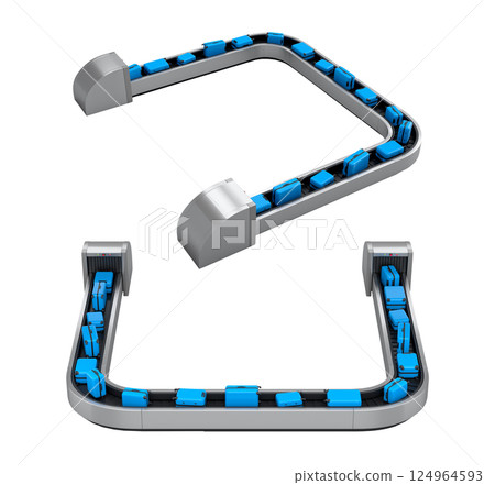 Set of Airport luggage conveyor belt or baggage claim area with suitcases on white background. 3d render of travel vacation concept. 124964593