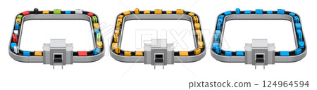 Set of Airport luggage conveyor belt or baggage claim area with suitcases on white background. 3d render of travel vacation concept. 124964594