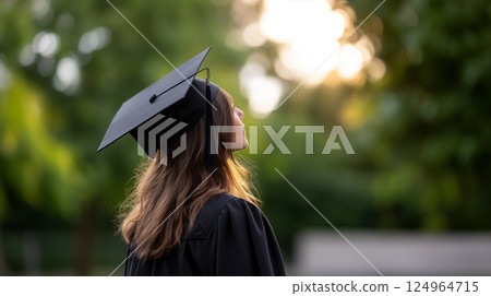 Female graduate back view looking up towards future sunlight hope 124964715
