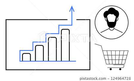 Chart with growing bars and upward arrow, customer profile, and shopping cart. Ideal for e-commerce, business growth, customer engagement, data analysis, marketing strategies. Simple line art style 124964728