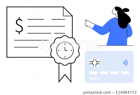 Financial document with seal, person pointing and credit card. Ideal for finance, banking, certification, transactions, education. Simple modern style 124964733