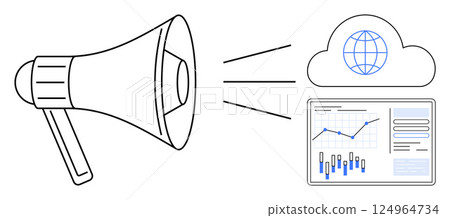 Megaphone projected towards cloud icon and data analytics dashboard with graphs and charts. Ideal for digital marketing, cloud computing, data analysis, communication, technology services, global 124964734