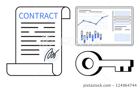 Digital contract with signature beside data chart and analysis board, large security key symbol. Ideal for business approvals, legal agreements, data-driven decisions, cybersecurity, financial Digital contract with signature beside data chart and analysis board, large security key symbol. Ideal for business approvals, legal agreements, data-driven decisions, cybersecurity, financial 124964744