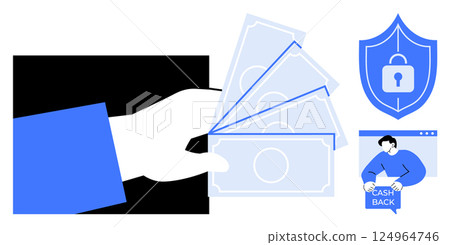 Hand holding paper money, a shield with a lock symbol, and a person holding a cashback icon on a screen. Ideal for banking services, online transactions, financial security, cash rewards, and digital Hand holding paper money, a shield with a lock symbol, and a person holding a cashback icon on a screen. Ideal for banking services, online transactions, financial security, cash rewards, and digital 124964746