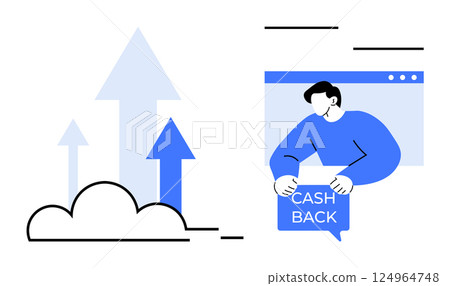 Person holding cash back sign next to growth arrows. Ideal for marketing, e-commerce, customer loyalty, financial incentives, and online shopping. Minimalist vector style with blue and black colors 124964748