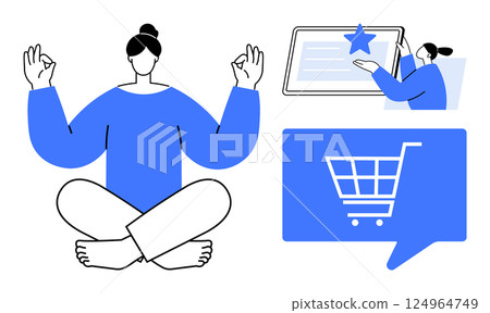 Calm figure meditating, hand holding screen with star, and speech bubble with shopping cart symbol. Ideal for wellness, online shopping, digital marketing, mindfulness, mobile apps, user experience 124964749