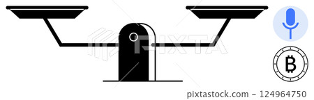 Traditional balance scale weighing voice control icon and Bitcoin symbol. Ideal for technology vs. finance, digital currency, voice recognition, modern technology, economic balance, fintech 124964750