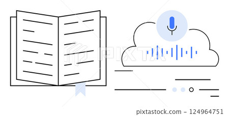 Open book with bookmark next to cloud with microphone and sound waves. Ideal for education, audiobooks, speech recognition, cloud technology, e-learning, digital library, voice interface. Line Open book with bookmark next to cloud with microphone and sound waves. Ideal for education, audiobooks, speech recognition, cloud technology, e-learning, digital library, voice interface. Line 124964751