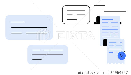 Several speech bubbles of different sizes intertwining with receipts and documents. Ideal for themes about communication, documentation, organization, business transactions, and information exchange 124964757