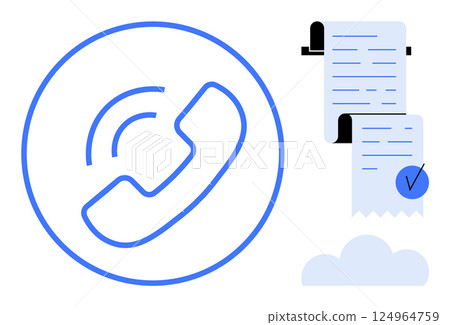 Phone call symbol in a circle beside a clipboard with bill and checklist, placed over clouds. Ideal for business communication, customer service, financial management, invoicing, and organization 124964759