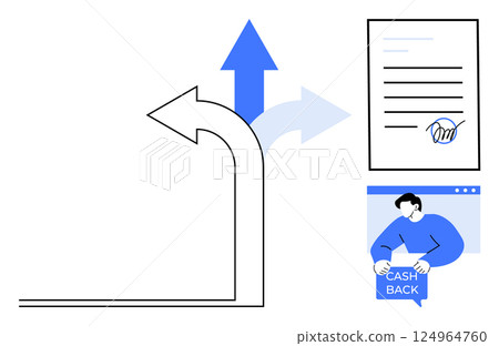 Two arrows pointing up and right, a signed document, and a person holding a cashback sign. Ideal for business strategies, financial planning, agreements, cashback offers, marketing. Minimalist style Two arrows pointing up and right, a signed document, and a person holding a cashback sign. Ideal for business strategies, financial planning, agreements, cashback offers, marketing. Minimalist style 124964760