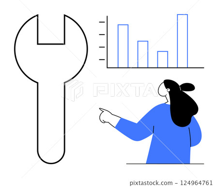 Woman pointing at a bar chart with a wrench beside her. Ideal for business analytics, tools, strategy planning, data analysis, presentations. Modern minimalist illustration style Woman pointing at a bar chart with a wrench beside her. Ideal for business analytics, tools, strategy planning, data analysis, presentations. Modern minimalist illustration style 124964761