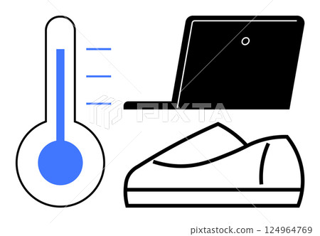 Digital thermometer displaying temperature, black laptop in use, and a single shoe side view. Ideal for technology, health, fitness, work-life balance, innovation, remote work, data monitoring Digital thermometer displaying temperature, black laptop in use, and a single shoe side view. Ideal for technology, health, fitness, work-life balance, innovation, remote work, data monitoring 124964769