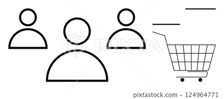 Black and white minimalist design with three people icons and a shopping cart on the right. Ideal for online shopping e-commerce customer demographics market research and consumer behavior analysis Black and white minimalist design with three people icons and a shopping cart on the right. Ideal for online shopping e-commerce customer demographics market research and consumer behavior analysis 124964771