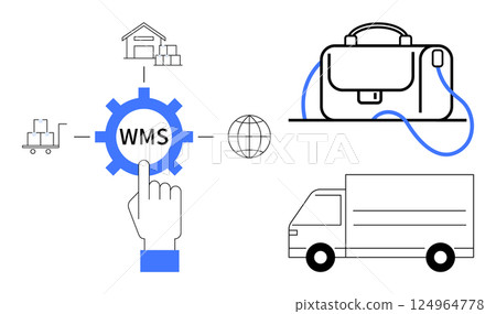 Gear labeled WMS with pointing hand, globe, parcels, warehouse, delivery truck, and briefcase. Ideal for logistics, warehouse management, automation, inventory control, supply chain courier 124964778
