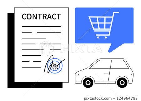 Car purchase contract signed, digital shopping cart icon in blue, car illustration. Ideal for automotive sales, e-commerce, digital contracts, online shopping, legal agreements, business deals 124964782