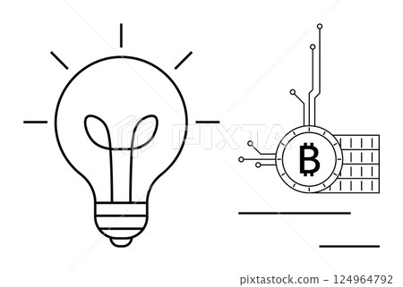 Light bulb on the left and a Bitcoin symbol integrated with a circuit on the, right Ideal for technology cryptocurrency innovation fintech digital economy and blockchain applications Minimalist line 124964792