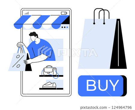 Man places shopping bag into smartphone, mimicking online purchase. Items on shelves include handbags and shoes. Ideal for e-commerce, mobile shopping, retail apps, user interface design, online Man places shopping bag into smartphone, mimicking online purchase. Items on shelves include handbags and shoes. Ideal for e-commerce, mobile shopping, retail apps, user interface design, online 124964796