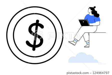 Woman using laptop, sitting near large dollar sign. Ideal for online business, financial success, work-from-home, digital economy, e-commerce, freelancing, investment themes. Line metaphor Woman using laptop, sitting near large dollar sign. Ideal for online business, financial success, work-from-home, digital economy, e-commerce, freelancing, investment themes. Line metaphor 124964797