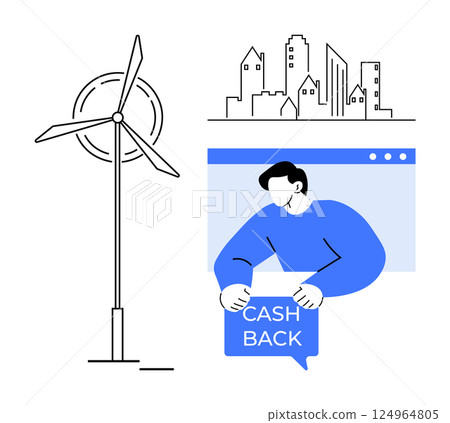 Wind turbine, cityscape, and a person holding a cashback sign. Ideal for renewable energy, urban development, finance promotions, environmental awareness, and sustainability themes. Minimalist modern 124964805