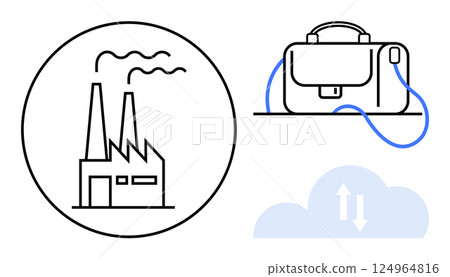 Factory with smoke, briefcase, and data transfer cloud icon. Ideal for industry, business, innovation, technology, cloud computing, logistics, and sustainability Line metaphor 124964816
