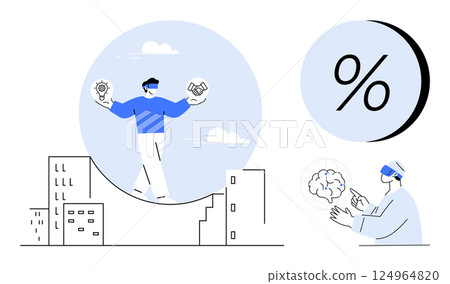 Businessman balances lightbulb and handshake icons above cityscape. VR user interacts with brain graphic and percentage sign. Ideal for innovation, business strategy, technology integration, VR 124964820