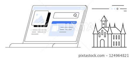 Laptop displaying search results with images and text adjacent outline of a castle. Ideal for education, architecture, historical research, tourism promotion, digital learning, online courses 124964821